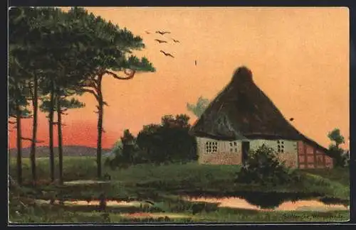 Künstler-AK S.Wencke: Haus am Bach bei Sonnenuntergang