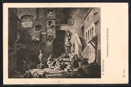Künstler-AK Carl Spitzweg: Wäscherinnen am Brunnen