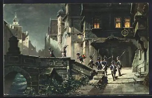 Künstler-AK Stengel & Co. Nr. 47007: Soldaten machen ihre Nachtrunde durch die Stadt