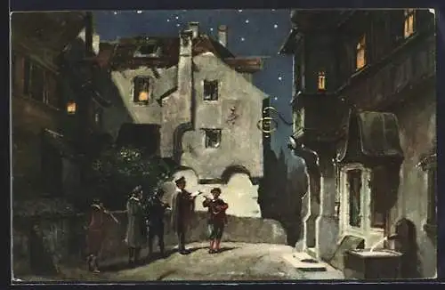 Künstler-AK Carl Spitzweg: Serenade, Musikkapelle musiziert zu später Stunde