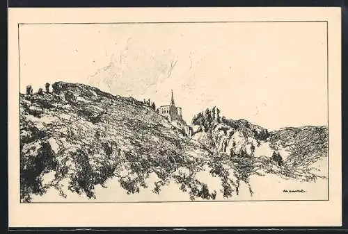 Künstler-AK Otto Ubbelohde: Wilhelmshöhe mit Kirchturm