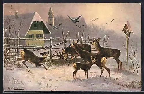 Künstler-AK M. Müller jun.: Rehe nebem einem Bildstöckl im Winter