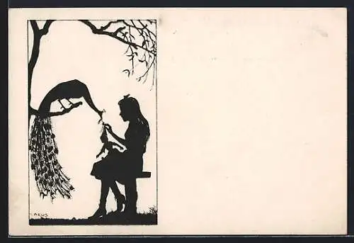Künstler-AK Carus: Scherenschnitt eines Mädchens mit Pfau