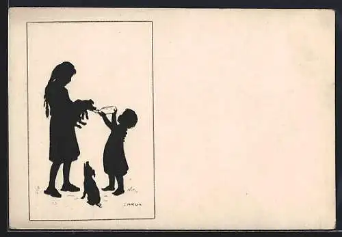 Künstler-AK Carus: Schattenbild, Kinder füttern Ferkel