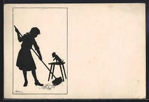 Künstler-AK Carus: Scherenschnitt eines Mädchens beim Fegen, kleiner Hund auf Schemel