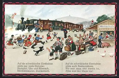 Künstler-AK Hans Boettcher: Leute in Trachten, Eisenbahn