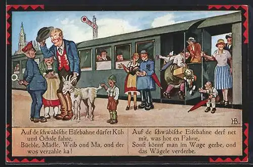 Künstler-AK Hans Boettcher: Auf die schwäbische Eisenbahne dürfet Küh und Öchsle fahre...
