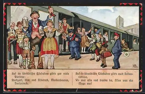 Künstler-AK Hans Boettcher: Auf de schwäbische Eisebahne