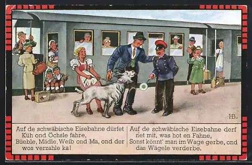 Künstler-AK Hans Boettcher: Auf de schwäbische Eisebahne dürfet Küh ond Öchsle fahre