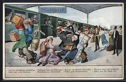 Künstler-AK Hans Boettcher: Schwäbische Eisenbahn 4. Serie, Chaos auf dem Bahnhof Stuttgart