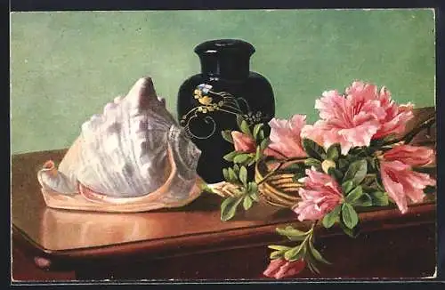 Künstler-AK M. Billing: Stilleben mit Vase und Muschel