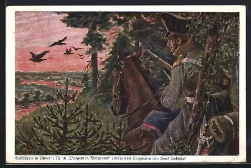 Künstler-AK Hans Baluschek: Volkslied Morgenrot, Morgenrot - Kavallerist schlägt sich durchs Geäst