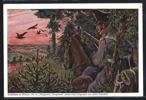 Künstler-AK Hans Baluschek: Berittener Soldat bewundert die Morgenröte