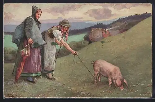 Künstler-AK Fritz Reiss: Schwarzwälder Leben, Gassigehen mit Schwein