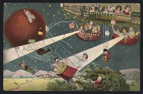 AK Kinder fliegen mit einem Zeppelin und strahlen mit Scheinwerfern einen Ballon an
