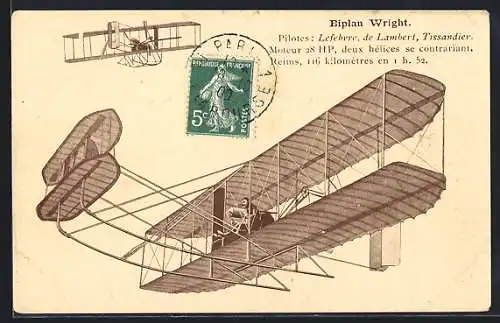 AK Biplan Wright, Pilotes Lefebvre, de Lambert, Tissandier, Flugzeug