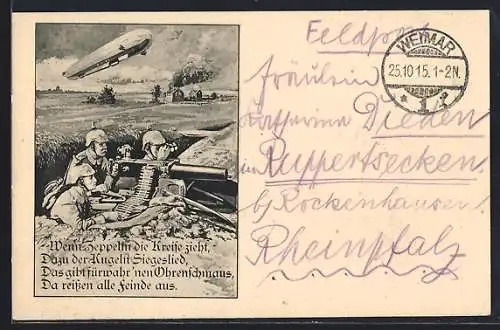 AK Zeppelin über deutscher Maschinengewehr-Stellung