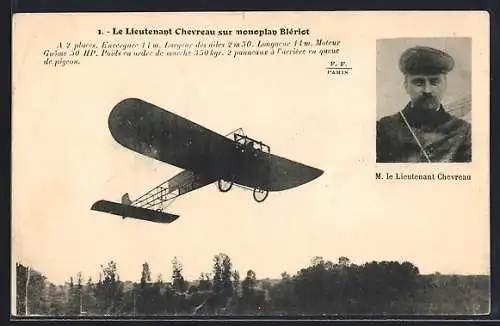AK Le Lieutenant Chevreau sur monoplan Blériot, Flugzeug