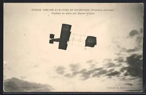 AK Paulhan en plein vol, Biplan Voisin, Flugzeug