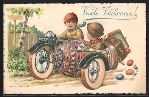 AK Ostern, Motorrad mit Beiwagen im Ostereierdesign