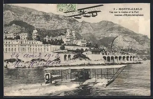 AK Monte-Carlo, Vue sur le Casino et le Port, Courses d`Hydro-Aéroplanes, Wasserflugzeug