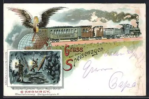 Lithographie Speisewagen, Deutscher Eisenbahn-Speise-Wagen-Betrieb G. Kromrey
