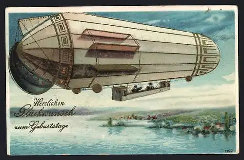 AK Glückwunsch zum neuen Jahre, Zeppelin fährt über einem See