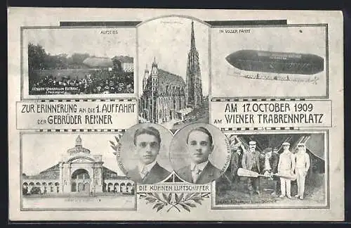 AK Aufstieg des Lenkballons durch die Gebrüder Renner 1909, Portrait der Luftschiffer