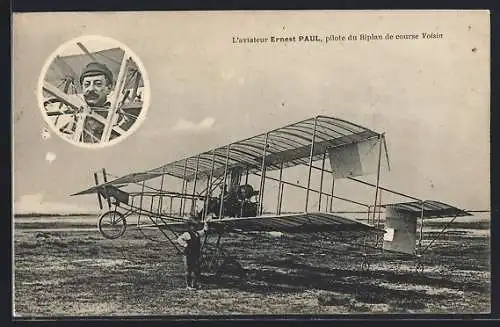 AK L`aviateur Ernest Paul, pilote du Biplan de course Voisin, Flugzeug