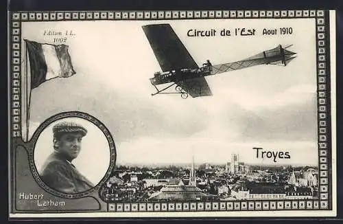 AK Troyes, Circuit de l`Est 1910, Hubert Latham, Flugzeug