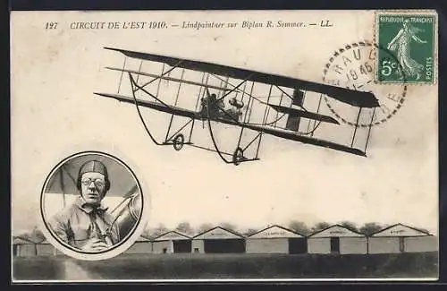 AK Flugzeug Biplan R. Sommer, Circuit de l`Est 1910, Pilot Lindpainter