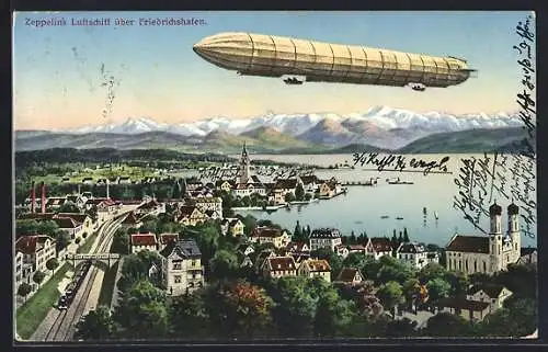 AK Friedrichshafen, der Zeppelin über der Stadt