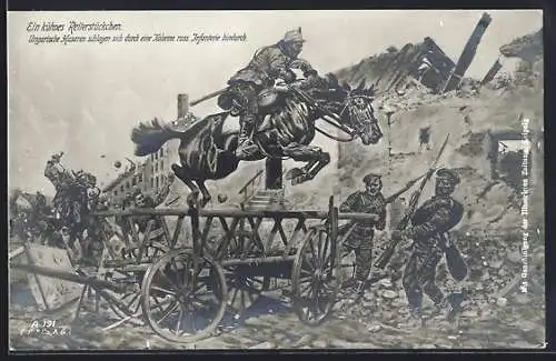 Künstler-AK Ein kühnes Reiterstückchen, Ungar. Husaren schlagen sich durch eine Kolonne russ, Infanterie hindurch