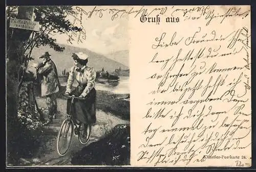 Lithographie Dame auf ihrem Fahrrad auf verbotenem Weg