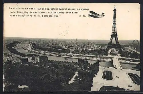 AK Paris, Le Comte de Lambert sur son aéroplane Wright, Flugzeug