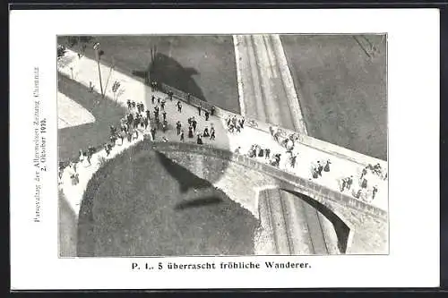 AK Zeppelin P. L. 5 wirft seinen Schatten auf fröhliche Wanderer, Fliegeraufnahme