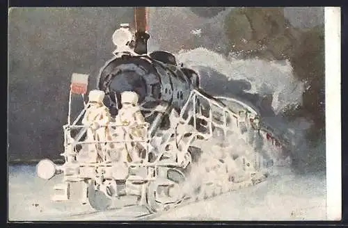Künstler-AK A guard on a locomotive, Militärbahn