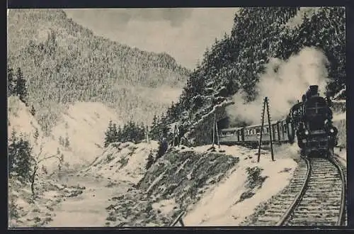 AK Eisenbahn Tschechien, V Ceskem Raji, Personenzug mit Dampflok 3640