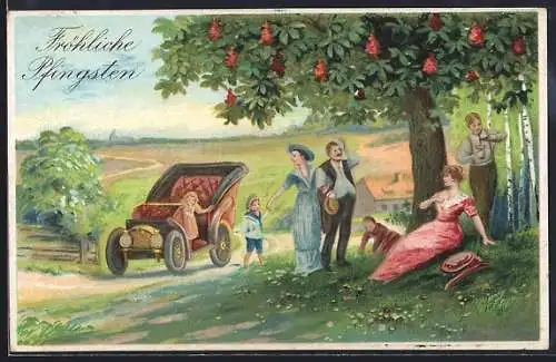 AK Familie mit Auto bei einer Rast