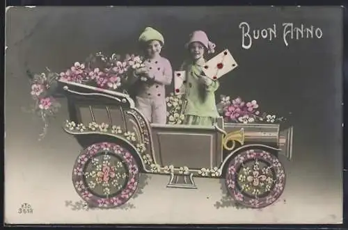 AK Kinder in einem Auto mit Blumen