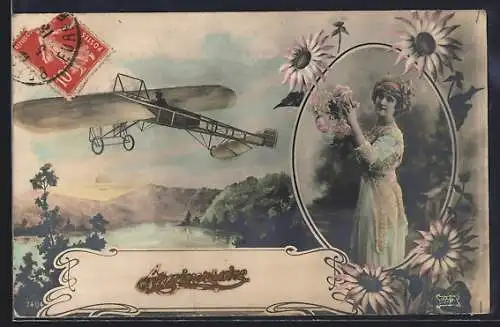AK Flugzeug, Dame mit Blumen