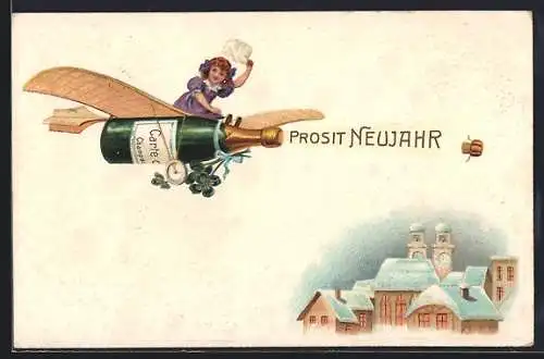 AK Neujahr, junge Dame auf einer Sektflasche als Flugzeug