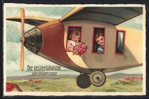 Künstler-AK Kleines Geschwisterpaar im Propeller-Flugzeug unterwegs