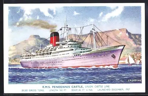 AK Passagierschiff R. M. S. Pendennis Castle vor der Küste