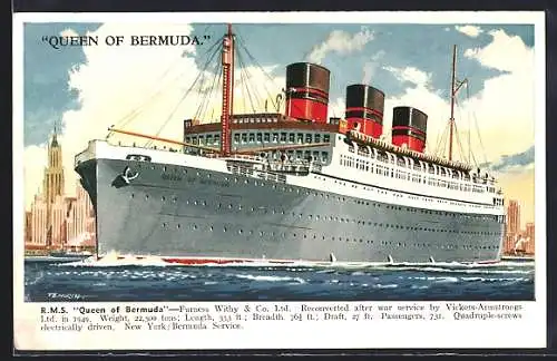 Künstler-AK Passagierschiff RMS Queen of Bermuda, Furness Withy & Co. Ltd.
