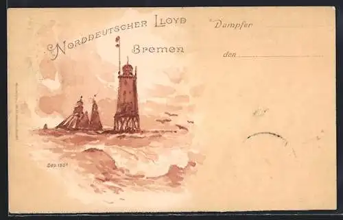 Lithographie Dampfer des Norddeutschen Lloyd mit Leuchtturm