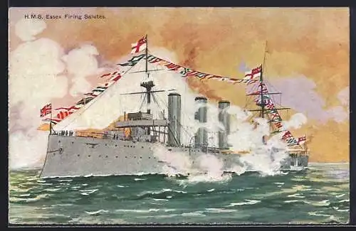 Künstler-AK HMS Essex Firing Salutes, Flaggengala