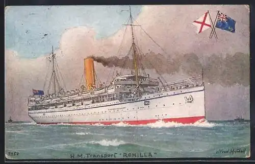 Künstler-AK Kriegsschiff H.M.T. Rohilla in voller Fahrt mit Flaggen