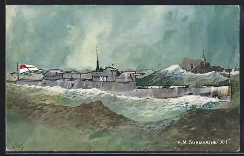AK U-Boot H. M. Submarine X-I beim Auftauchen