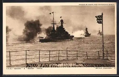 AK Kriegsschiffe H. M. S.`s Renown & Rodney feuern ab